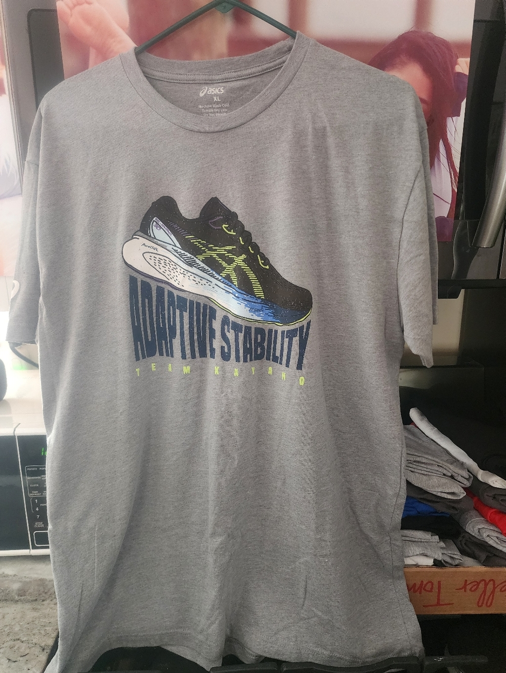 Asics Gray T-Shirt with Black, Blue & Neon Yellow Running Shoe Graphic